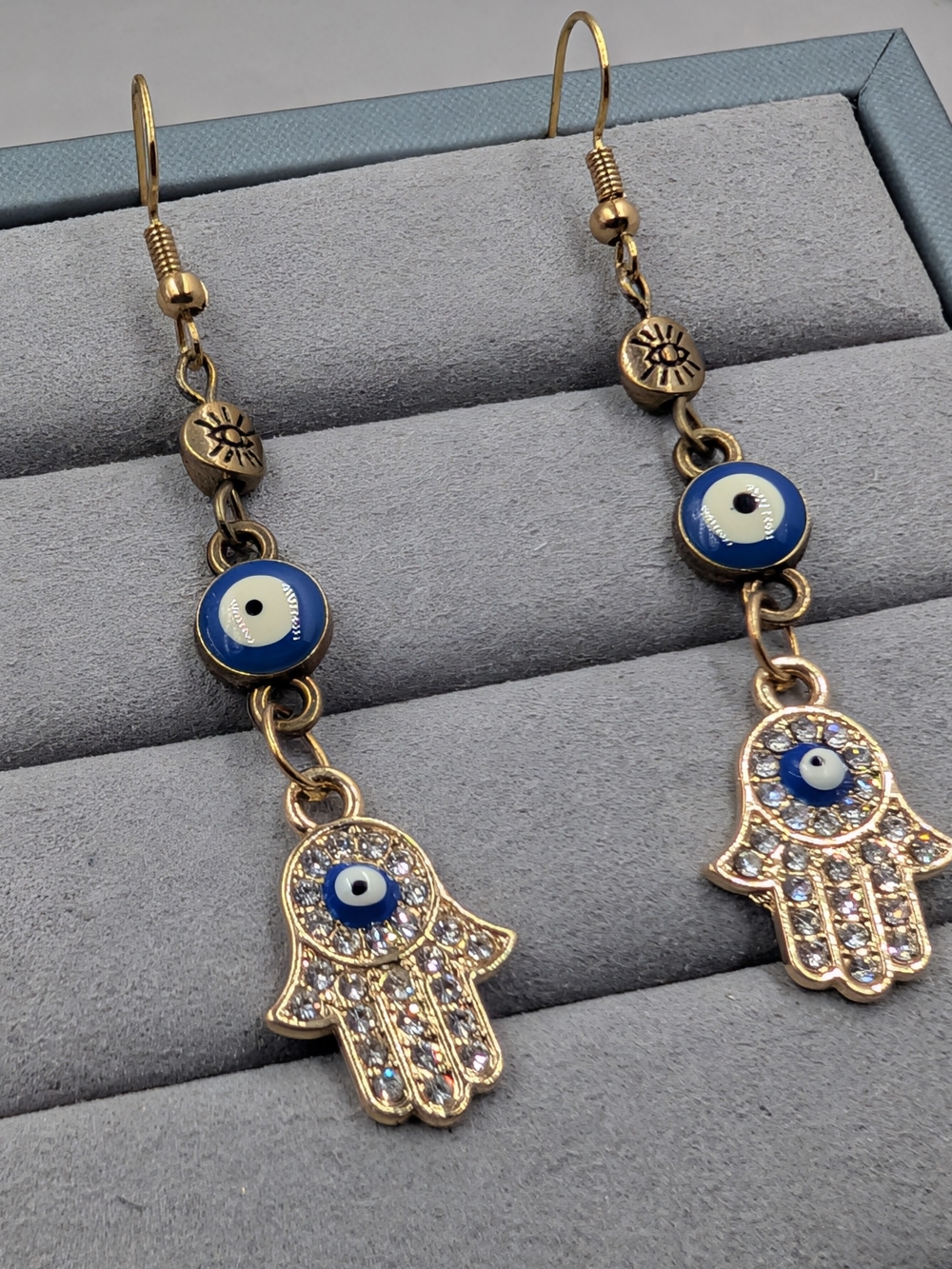 Hamsa Evil Eye Crystal Dangle Earrings Gold Tone Blue | M310